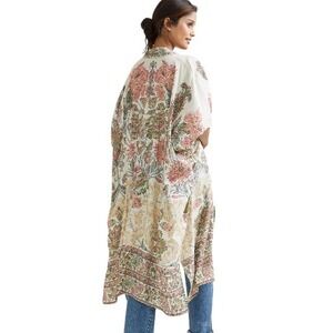 Anthropologie x Bl^nk Floral Kimono Duster Cream Pink Green One Size Viscose